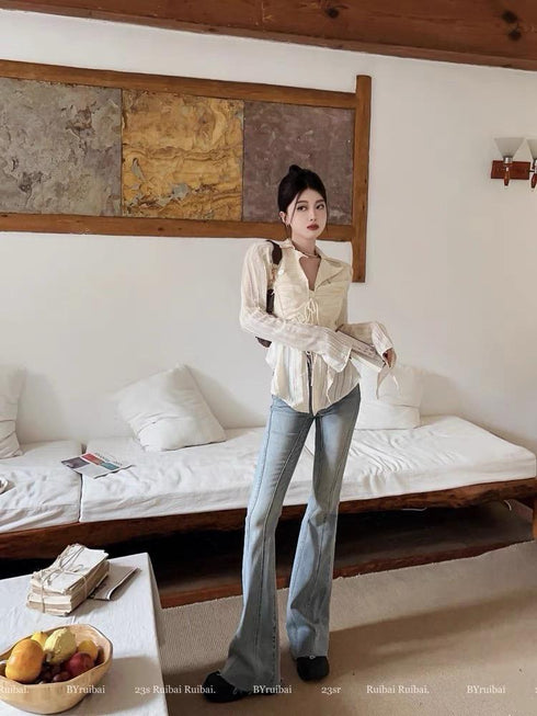 Collor Down Lace Tie Up Long Sleeves Tops